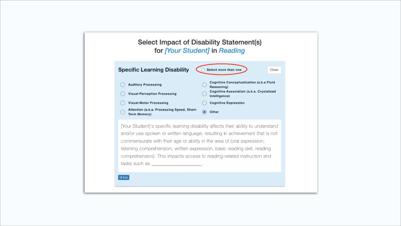 Goalbook Toolkit Present Levels Wizard Update: Selecting Multiple Disability Impact Statements